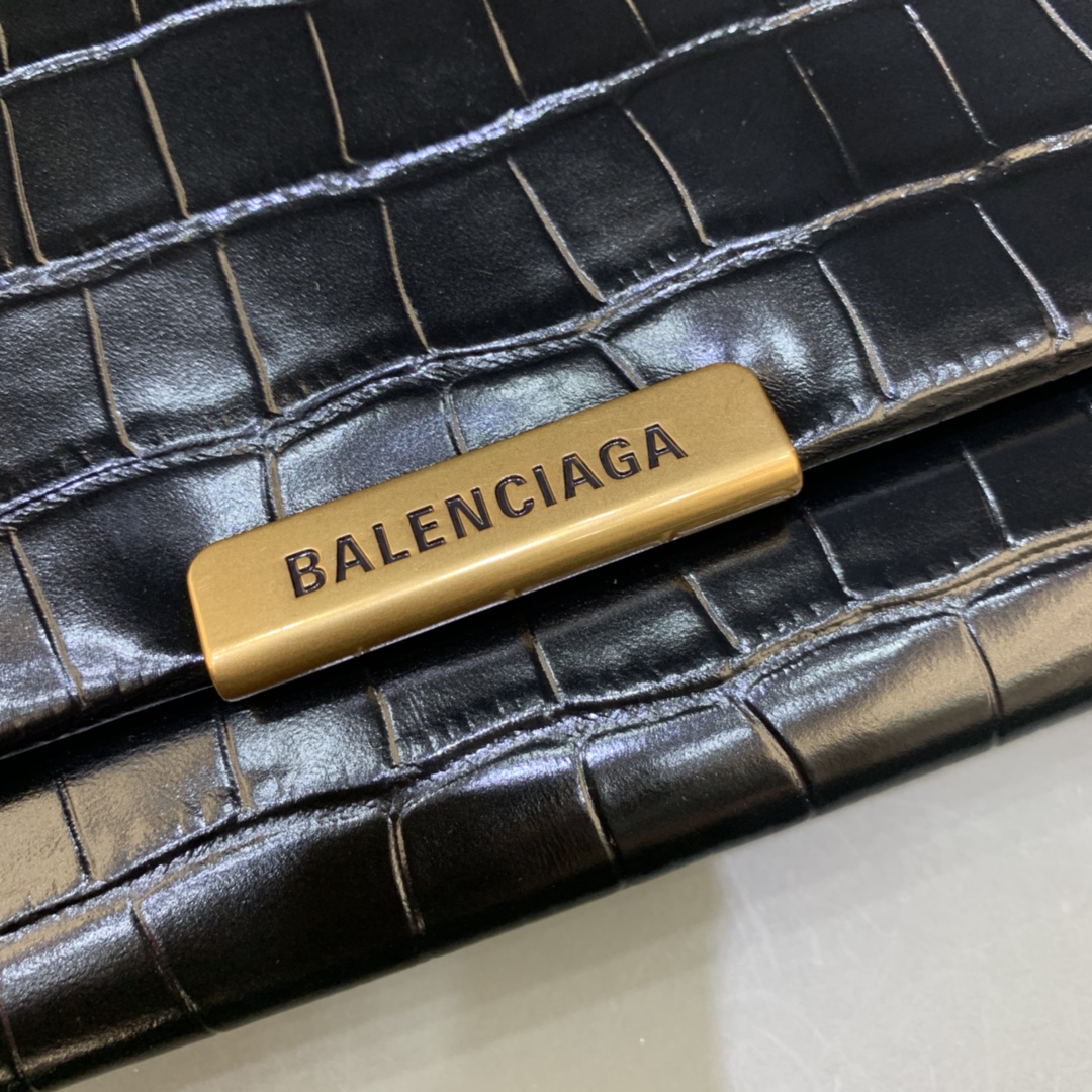 Balenciaga Triplet Small Bag With Chain Crocodile Embossed Calfskin Shouler Bag Black